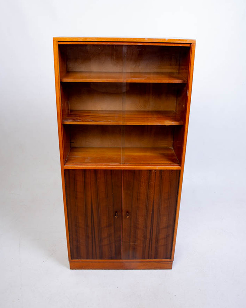 Mid-Century Teak Bookcase with Glass Sliding Doors