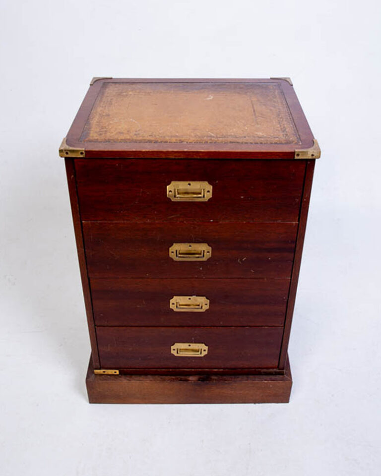 Vintage Campaign Style Wood Chest of Drawers with Leather Top