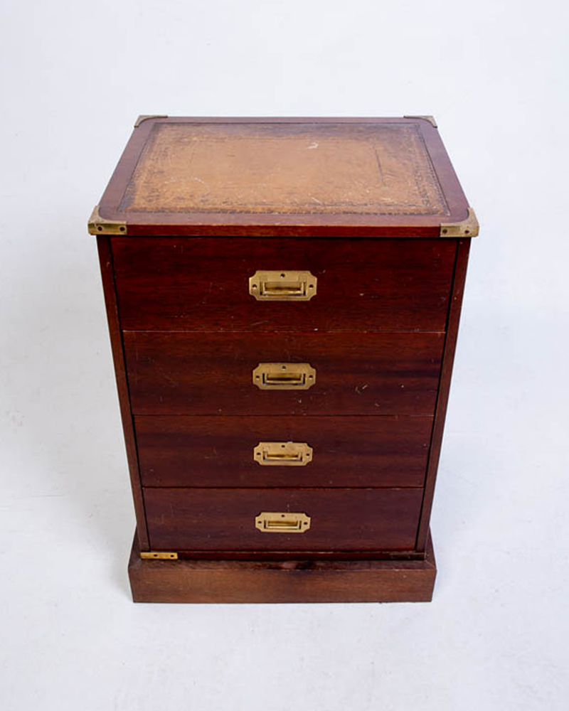 Vintage Campaign Style Wood Chest of Drawers with Leather Top