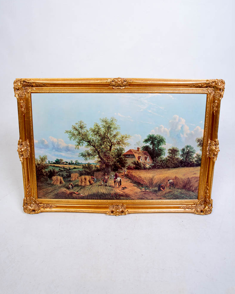 Vintage Framed Meadow Painting with Ornate Gold Frame