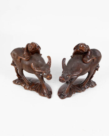 Pair of Vintage chinese Carved Wood Figures with Man on Ox