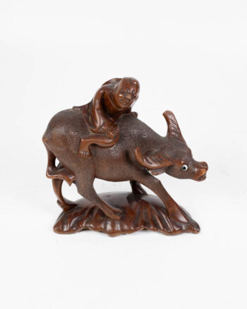 Pair of Vintage chinese Carved Wood Figures with Man on Ox