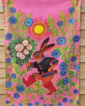 Folk Art Bunny with Bouquet Organic Cotton Tea Towel