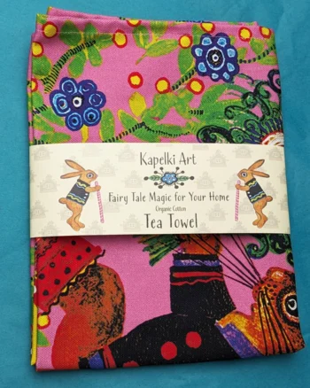 Folk Art Bunny with Bouquet Organic Cotton Tea Towel