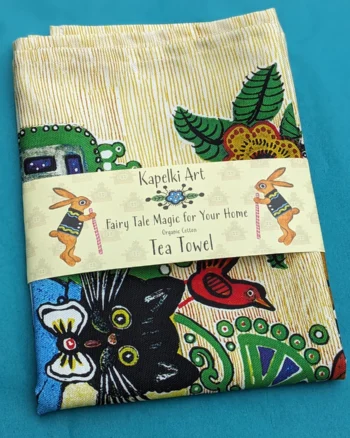 Folk Art Dancing Cats Organic Cotton Tea Towel