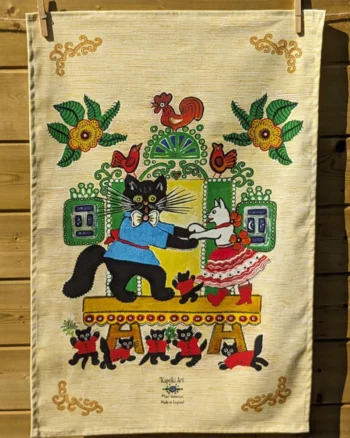 Folk Art Dancing Cats Organic Cotton Tea Towel