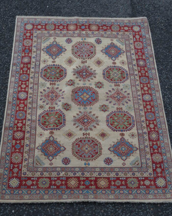 Ivory Kazak Style Wool Area Rug with Geometric Medallions – MR03