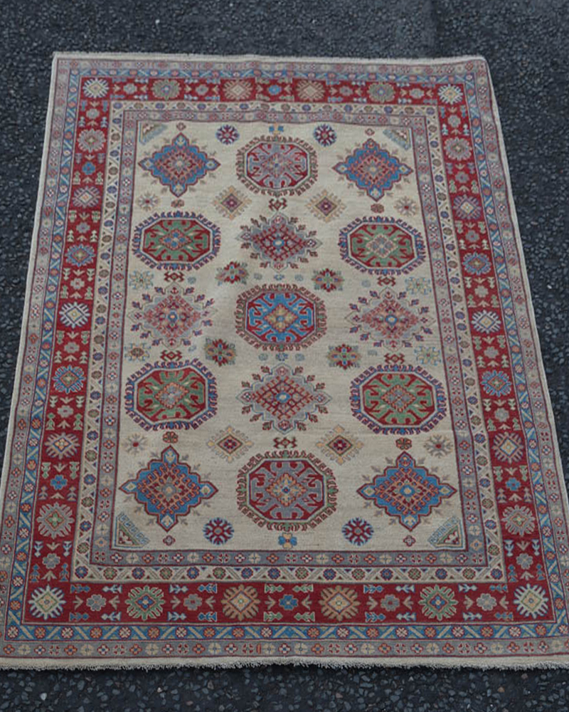 Ivory Kazak Style Wool Area Rug with Geometric Medallions – MR03