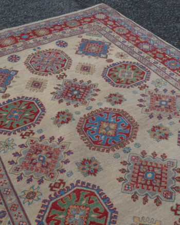 Ivory Kazak Style Wool Area Rug with Geometric Medallions – MR03