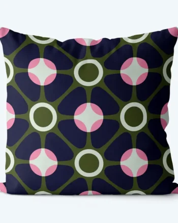 Navy and Green Geometric Fabric Pillow with Retro Print