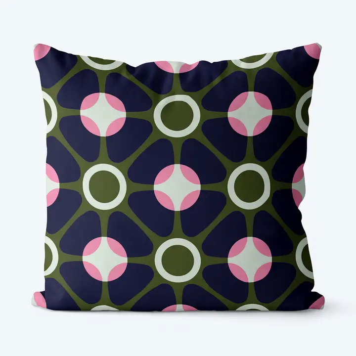 Navy and Green Geometric Fabric Pillow with Retro Print