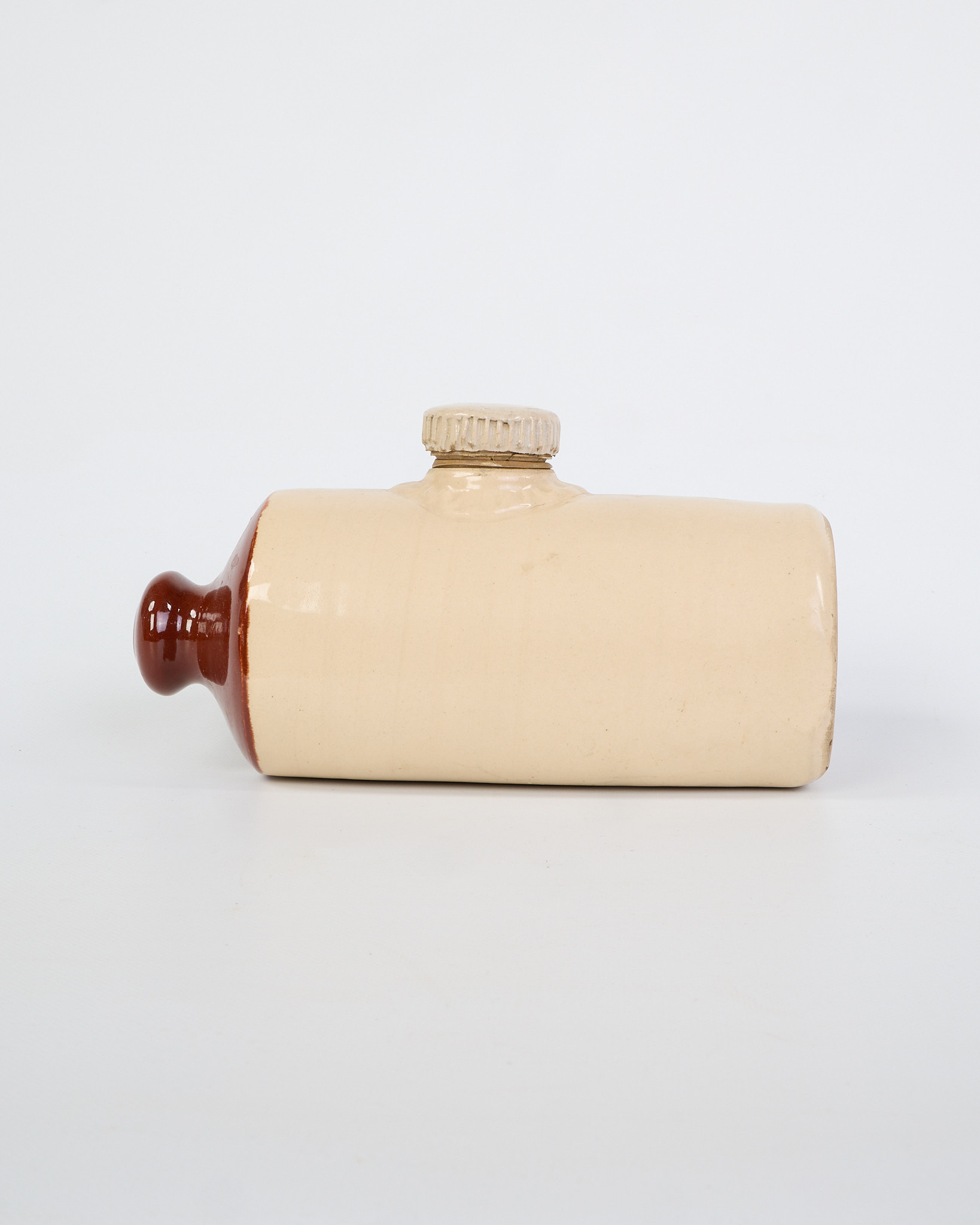 Vintage Stoneware Hot Water Bottle with Brown Trim