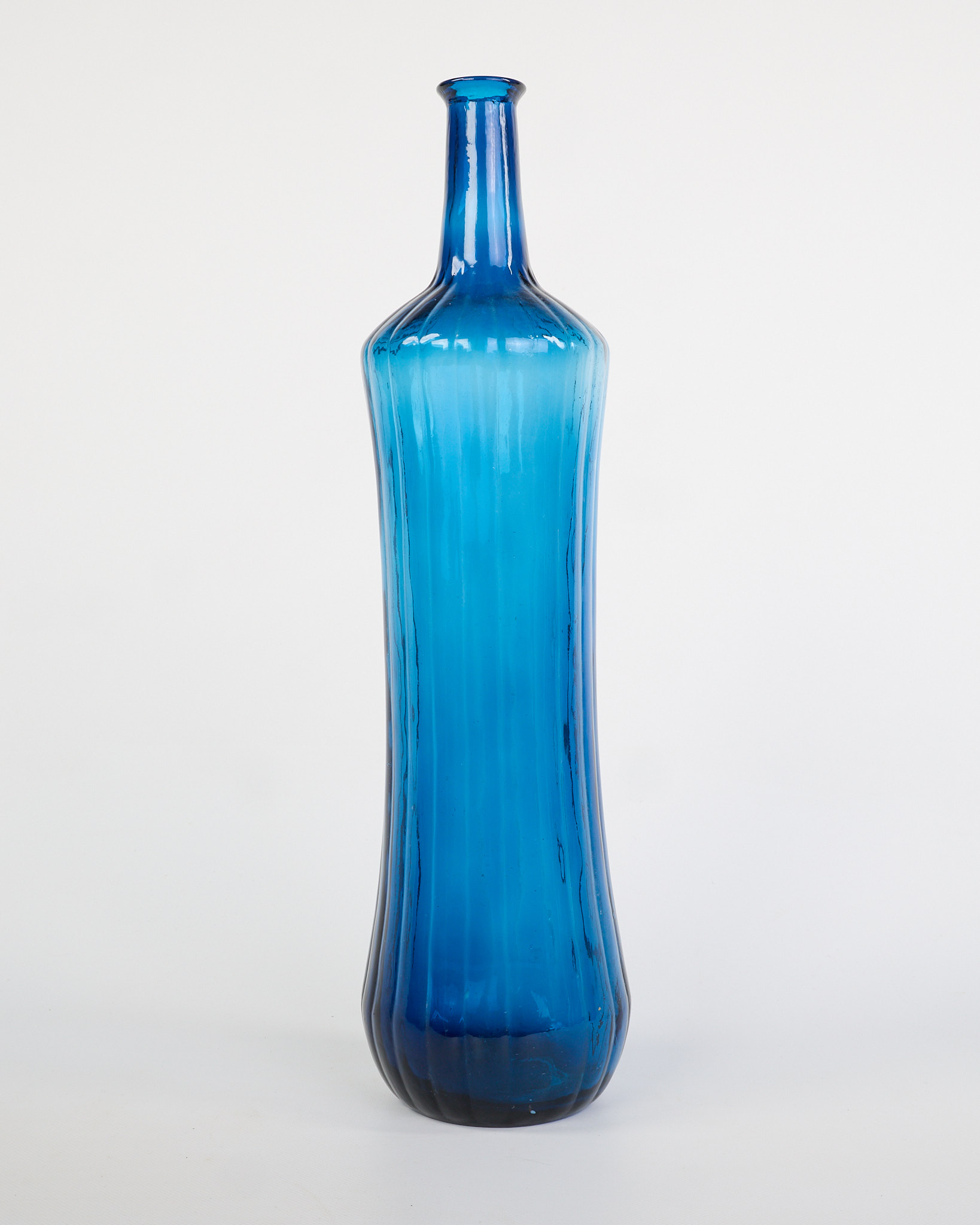 Tall Blue Glass Vase with Ribbed Design