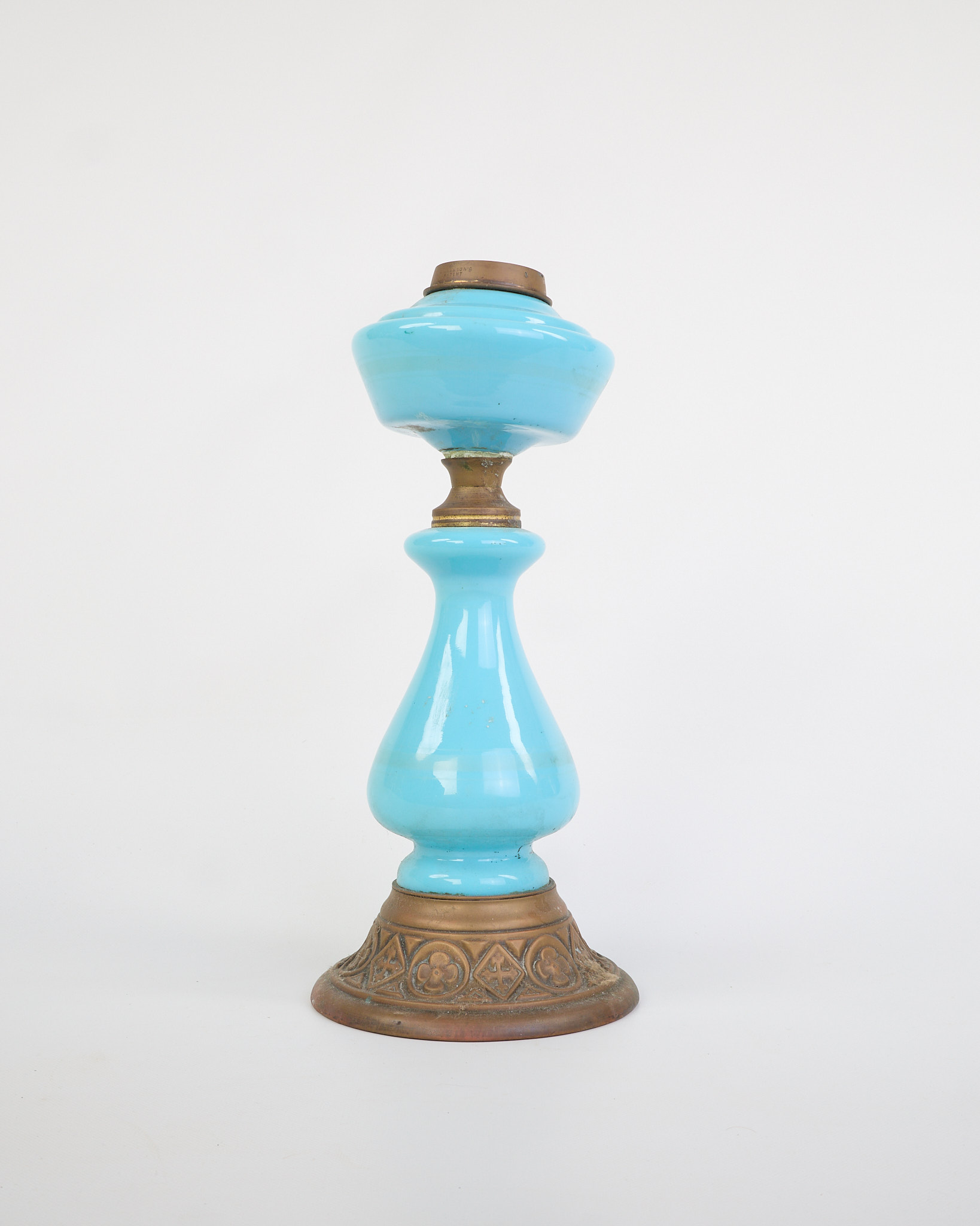 Antique Blue Glass Oil Lamp with Ornate Brass Base