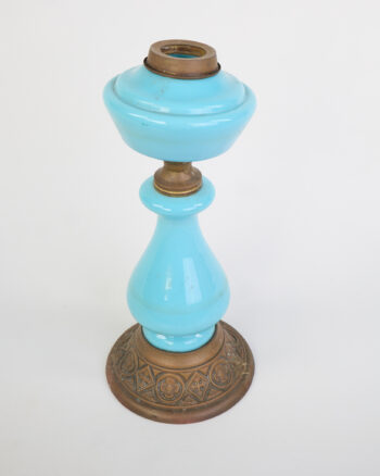 Antique Blue Glass Oil Lamp with Ornate Brass Base