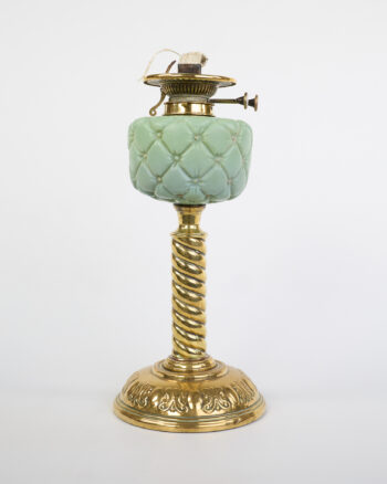 Victorian Brass Oil Lamp with Green Quilted Glass Reservoir