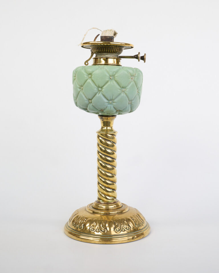 Victorian Brass Oil Lamp with Green Quilted Glass Reservoir