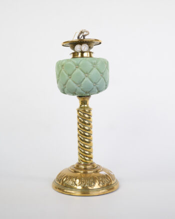 Victorian Brass Oil Lamp with Green Quilted Glass Reservoir