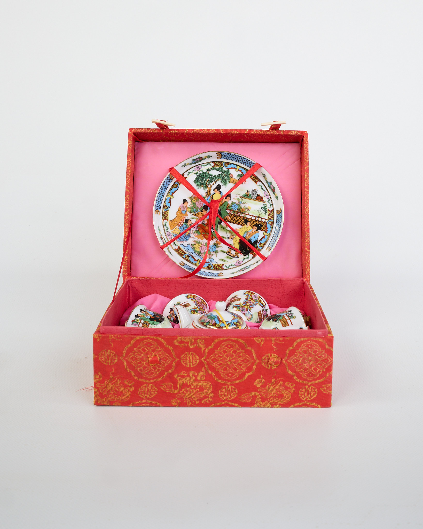 Oriental Porcelain Tea Set in Fabric-Covered Box