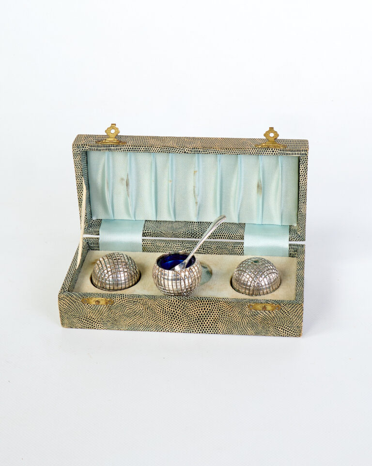 Antique Silver Plated Salt Cellar Set with Spoon