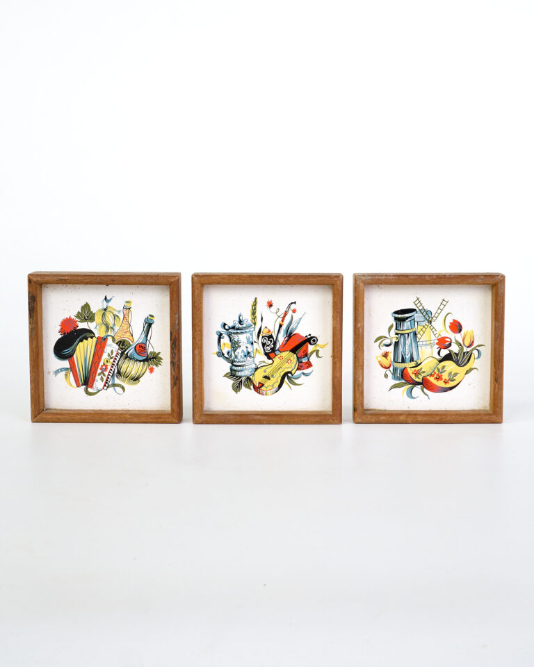 Vintage Dutch Tile Trivets Framed Set with Folk Art Scenes