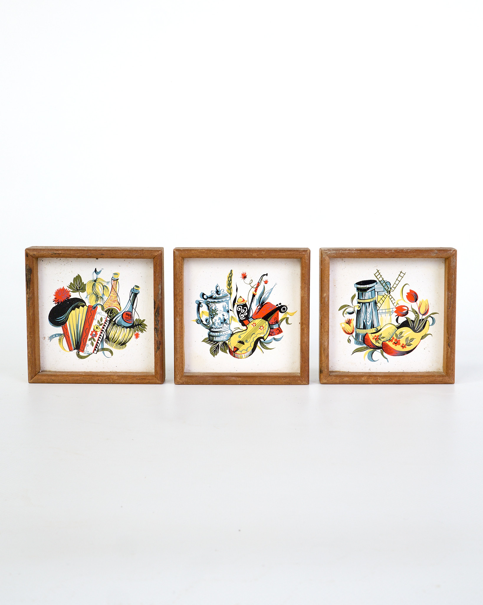 Vintage Dutch Tile Trivets Framed Set with Folk Art Scenes