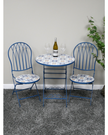 Blue Metal Bistro Set with Mosaic Tile Design