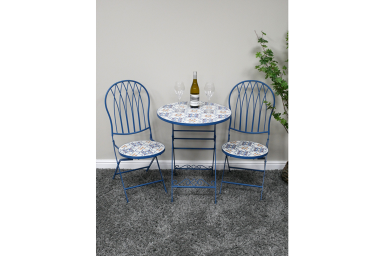 Blue Metal Bistro Set with Mosaic Tile Design