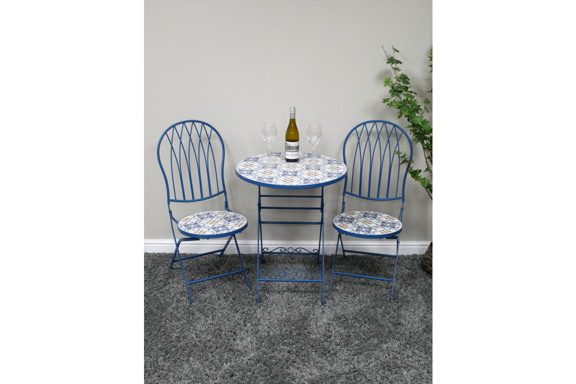 Blue Metal Bistro Set with Mosaic Tile Design
