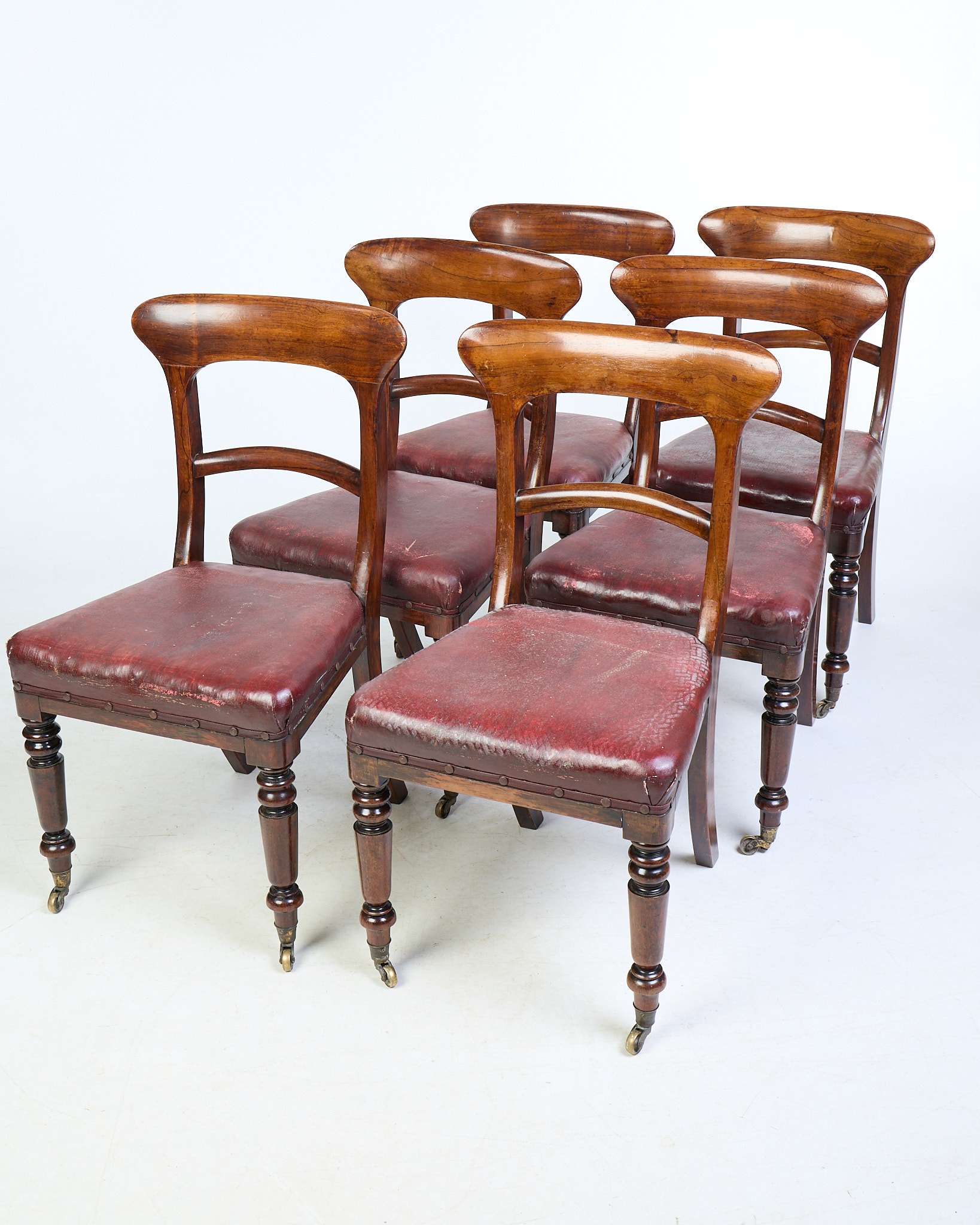 Set of Six Vintage Rosewood Dining Chair with Leather Seat and Castors