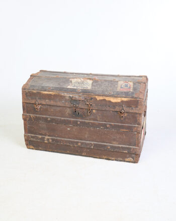 Vintage Dome Top Trunk with Metal Bands and Old Stickers