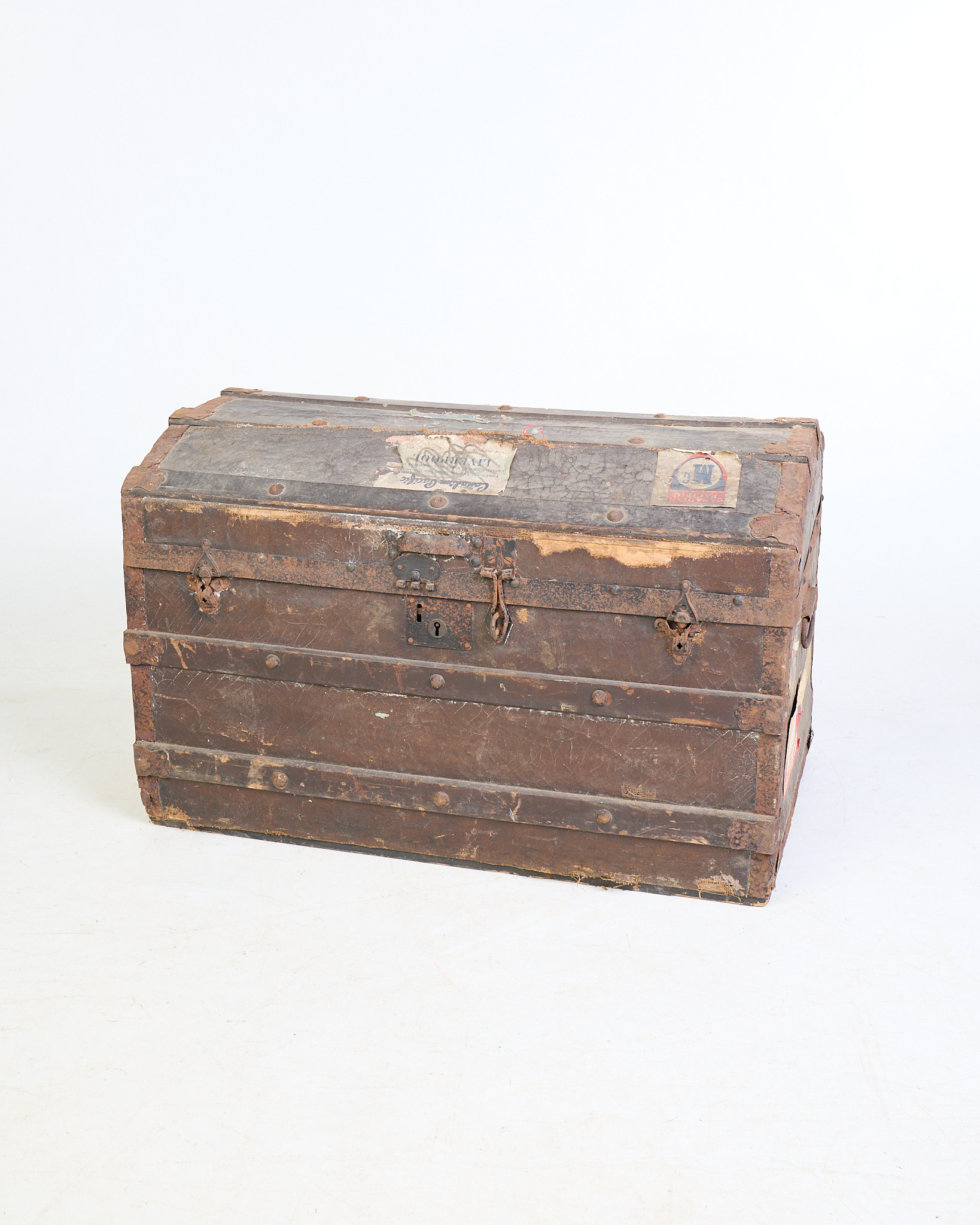 Vintage Dome Top Trunk with Metal Bands and Old Stickers