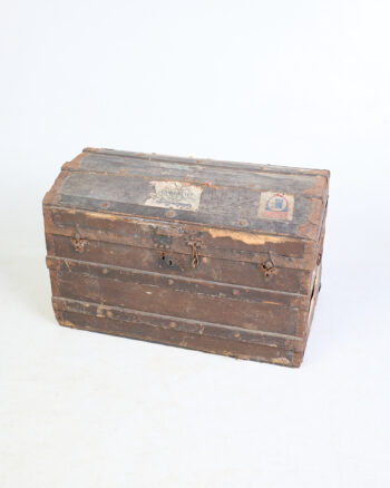 Vintage Dome Top Trunk with Metal Bands and Old Stickers