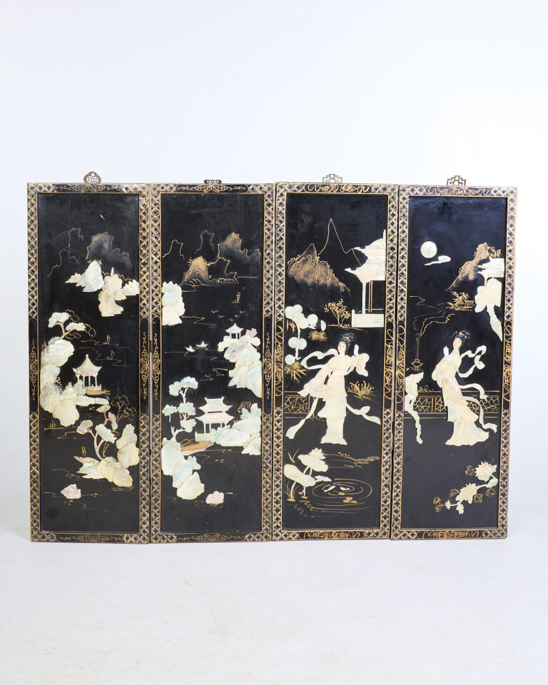 Vintage Oriental Black Lacquer Screen with Mother of Pearl