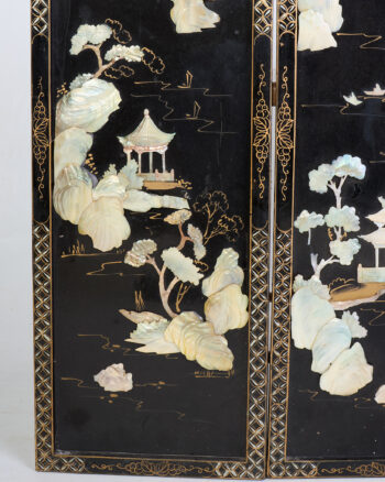 Vintage Oriental Black Lacquer Screen with Mother of Pearl