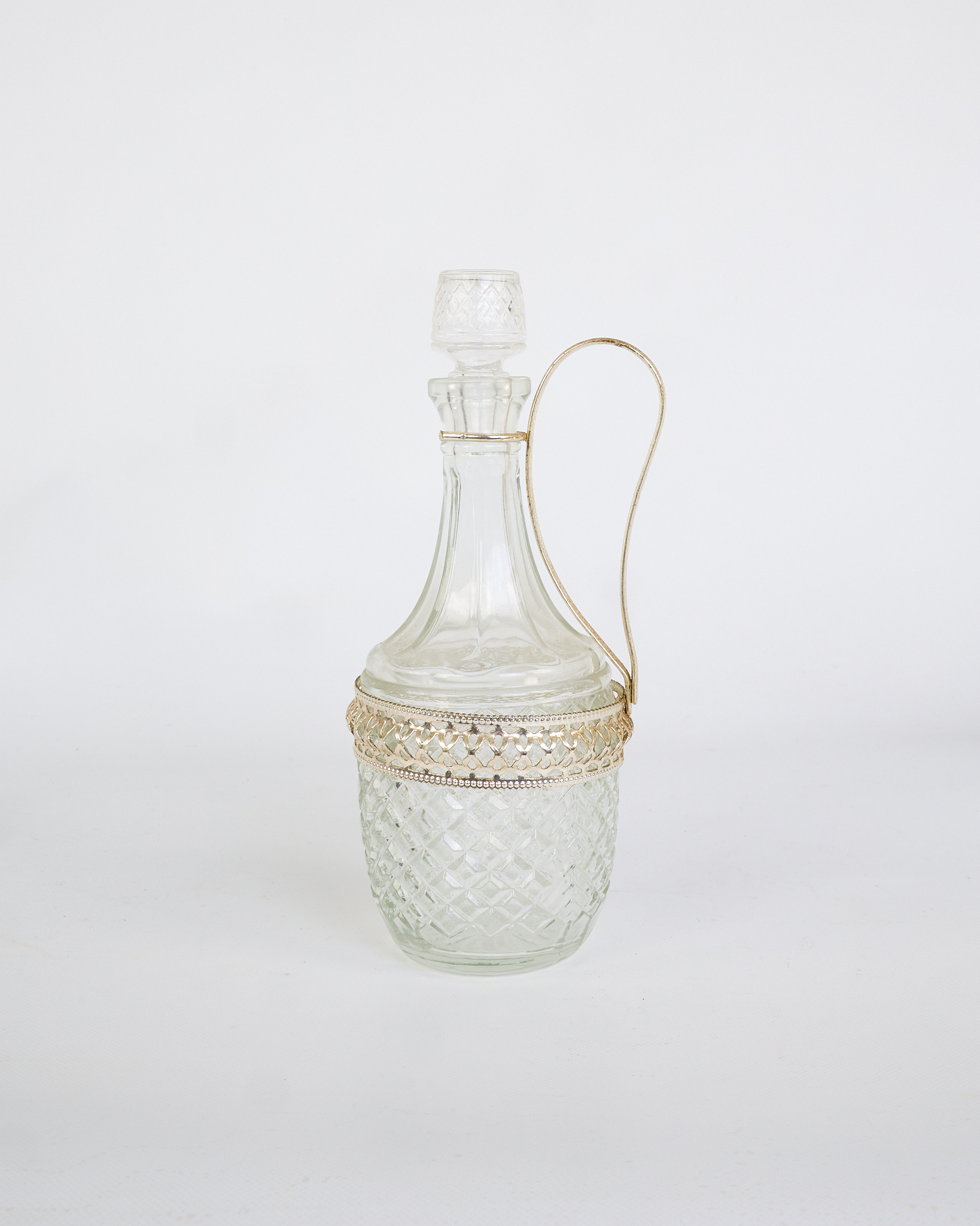 Vintage Glass Decanter with Silver Metal Trim and Handle