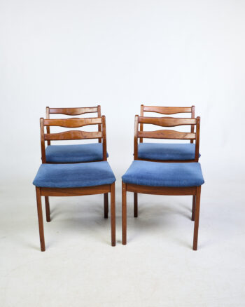 Mid Century Teak Dining Chairs with Blue Fabric (Set of 4)