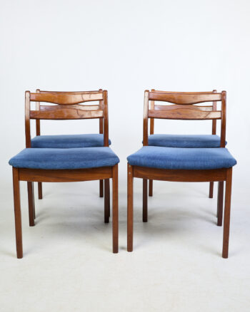 Mid Century Teak Dining Chairs with Blue Fabric (Set of 4)