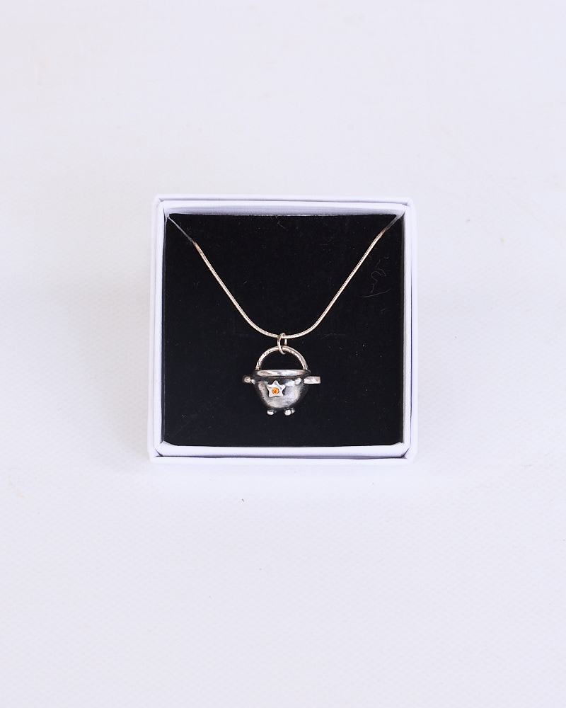Sterling Silver Cauldron Pendant Necklace with Orange Star by Dog Star Silver