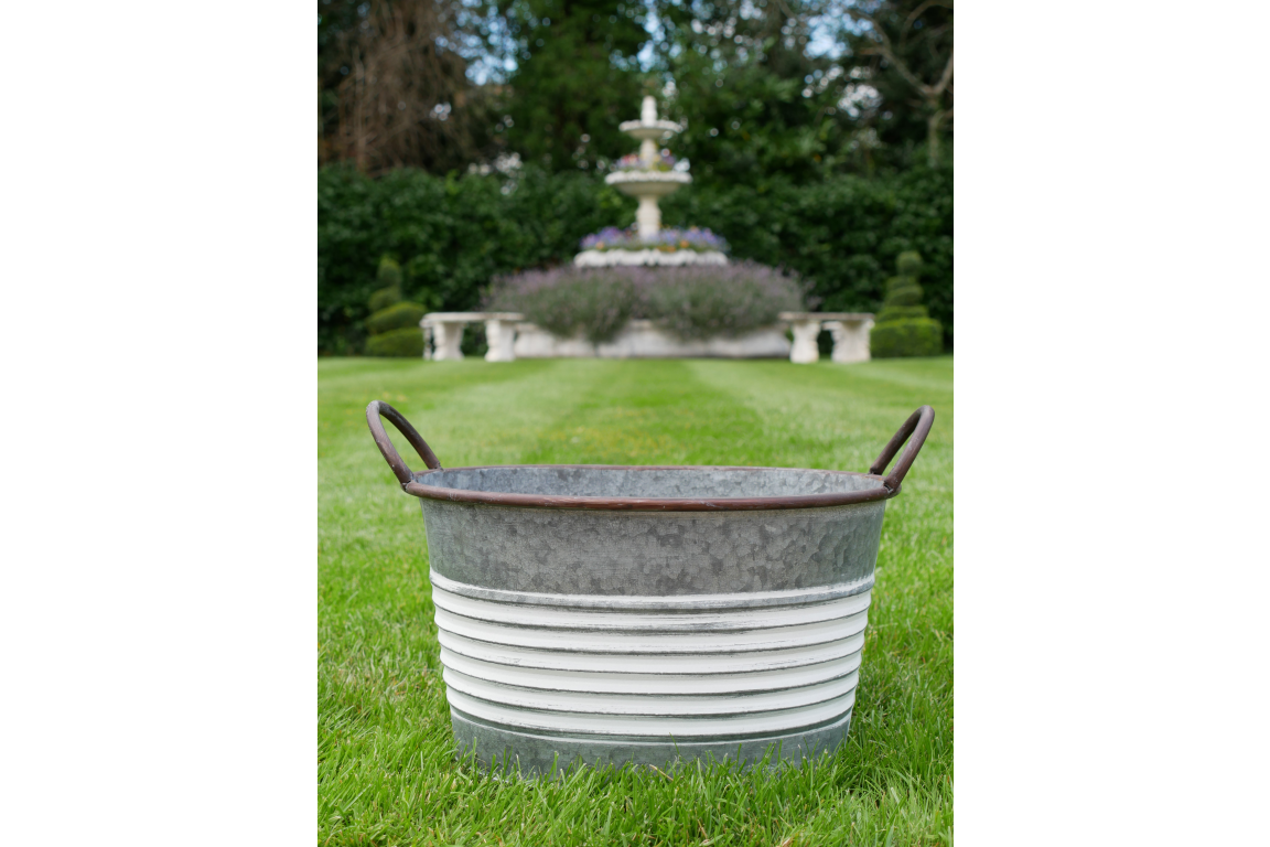 Galvanised Metal Tub with White Distressed Stripes