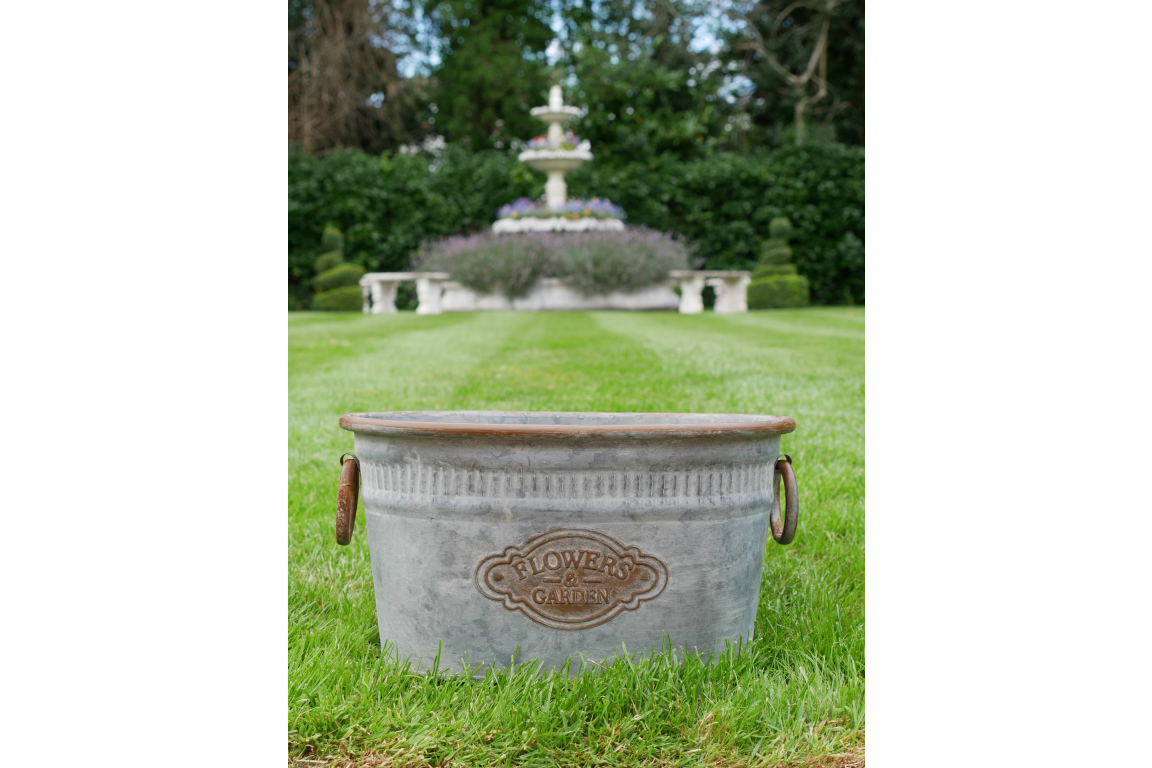Galvanised Metal Planter with ‘Flowers & Garden’ Motif