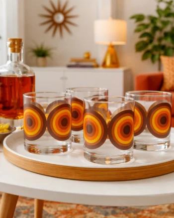 Orange and Brown 70’s Retro Circle Whiskey Cocktail Glass