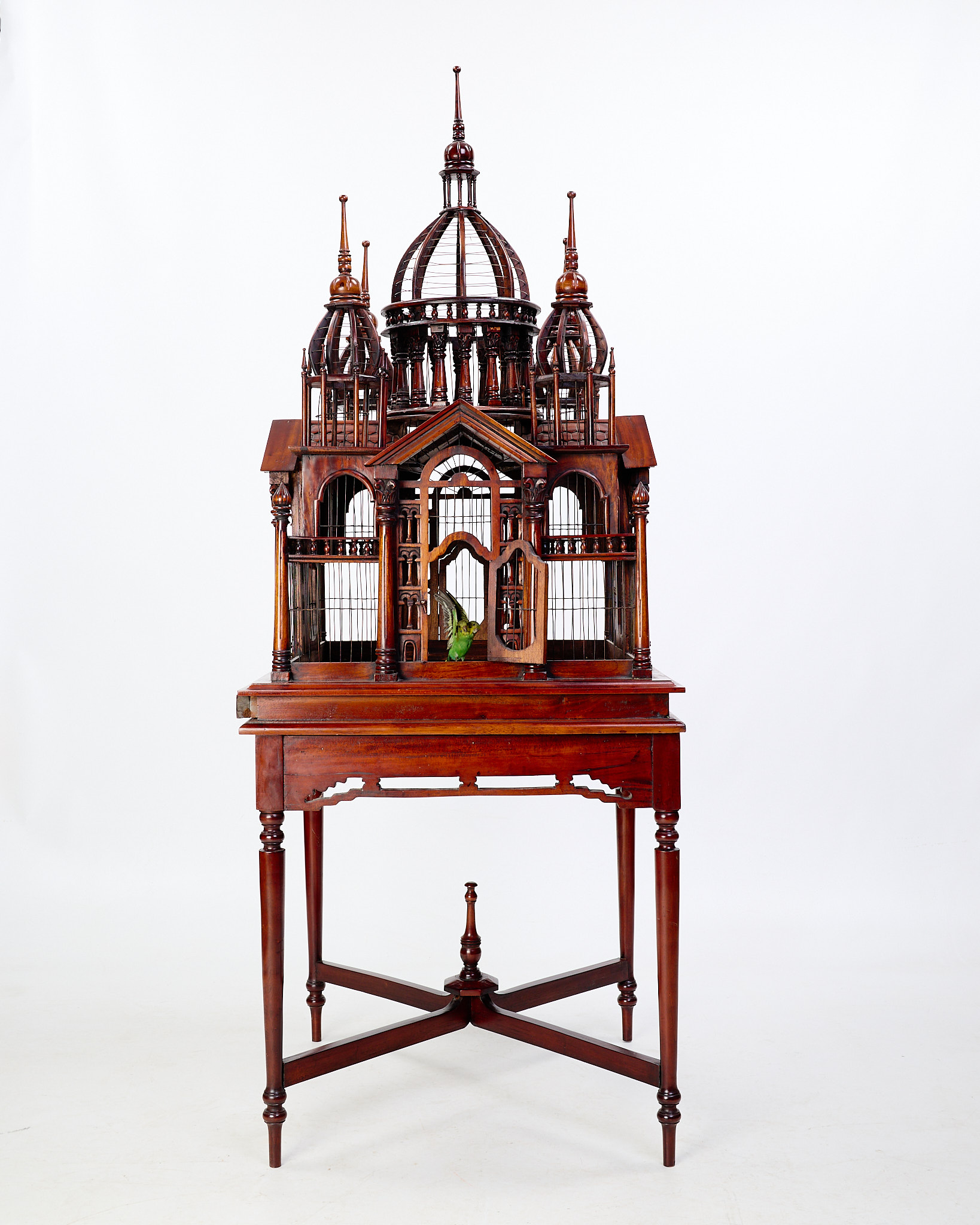 Antique Wooden Bird Cage with Domed Roof Detail