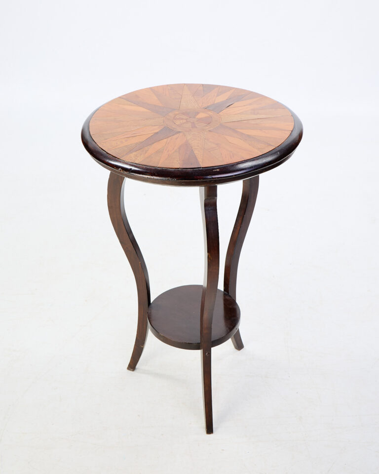 Vintage Inlaid Marquetry Wood Table with Lower Shelf