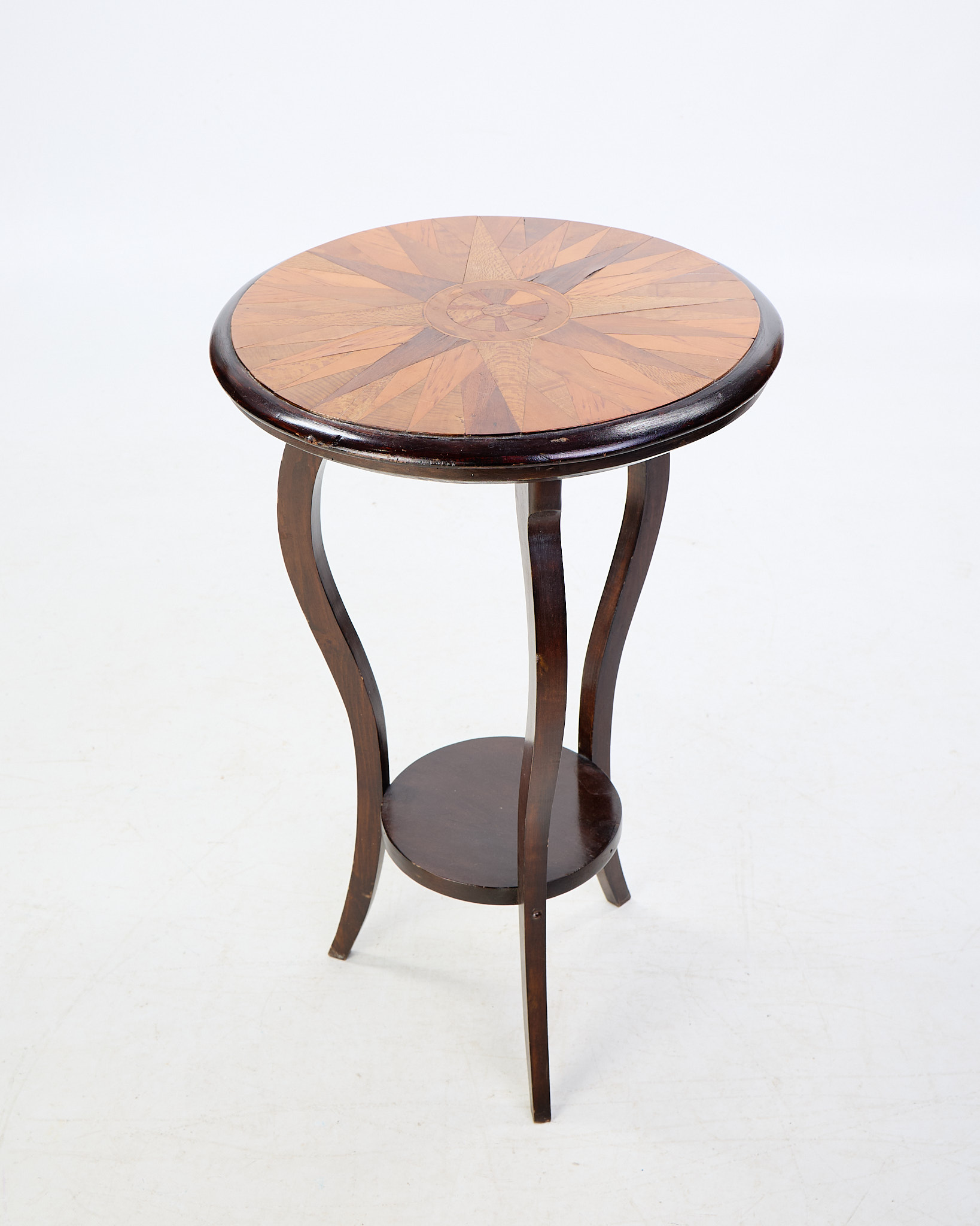 Vintage Inlaid Marquetry Wood Table with Lower Shelf