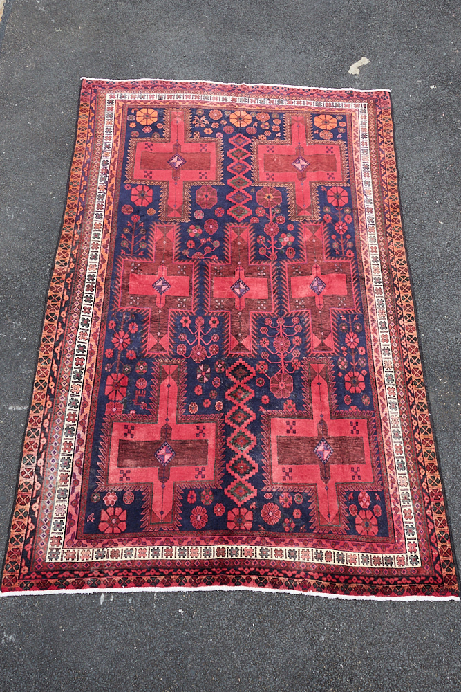 Vintage Persian Baluchi Wool Carpet with All-Over Cross Design – TRA09