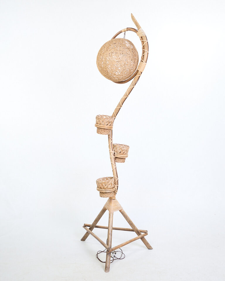 Mid Century Rattan Floor Lamp with Woven Shade and Planter Holders