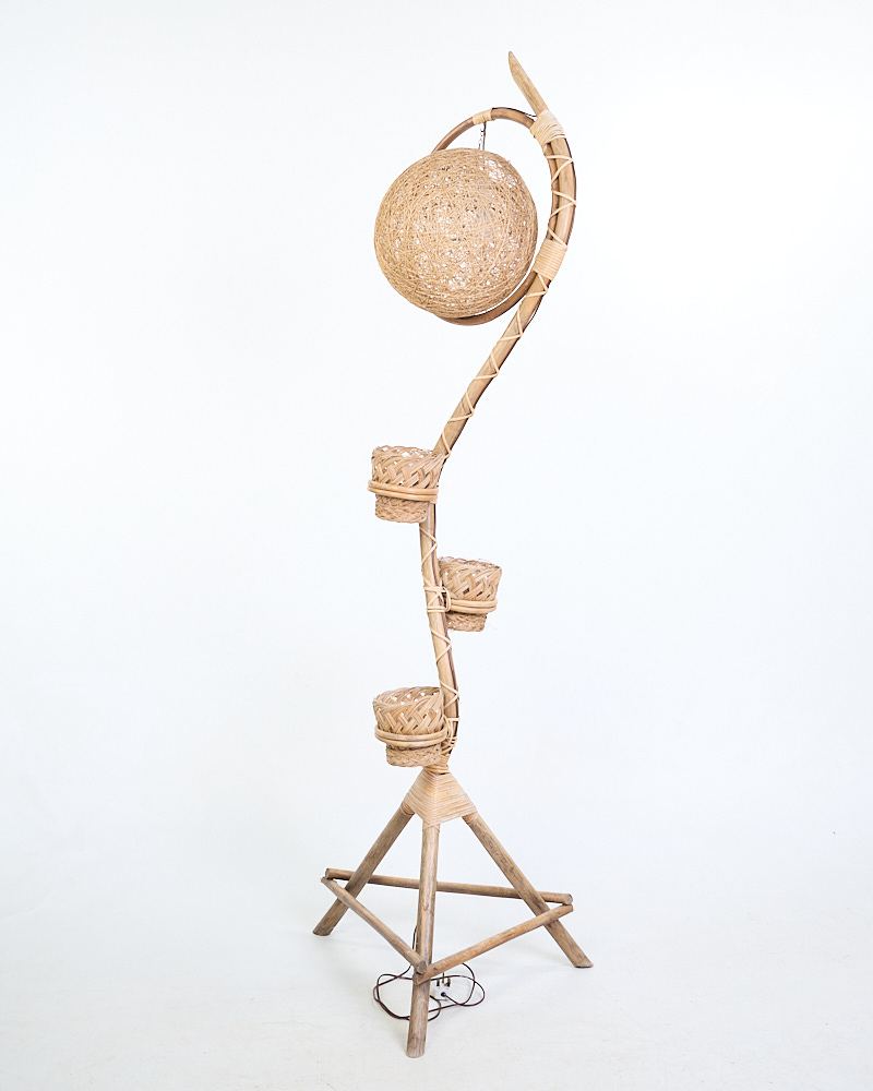 Mid Century Rattan Floor Lamp with Woven Shade and Planter Holders