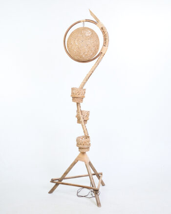 Mid Century Rattan Floor Lamp with Woven Shade and Planter Holders