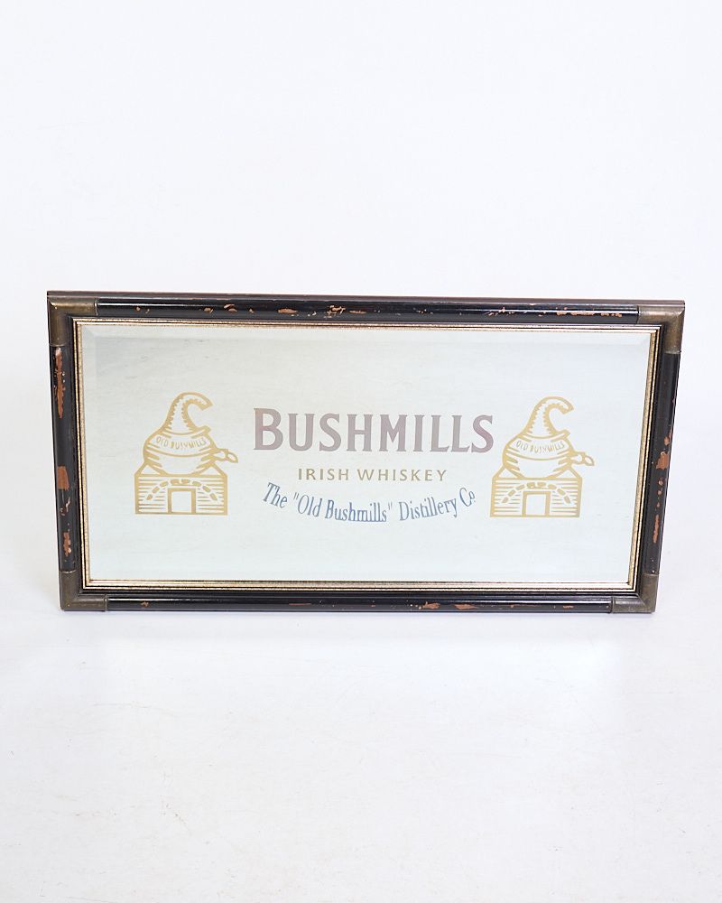 Vintage Bushmills Irish Whiskey Mirrored Bar Sign with Black Frame